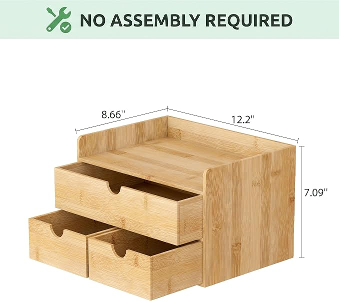 Bamboo Desk Organizer with Drawers, Desktop Storage for Office Supplies | 3 Drawers Desktop organizer, No Assembly Required, Natural Wood Wooden Desktop Drawers Box for Bills, Cosmetics, Seals, Paper
