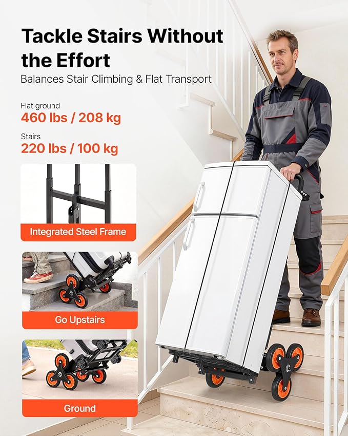VEVOR Stair Climbing Dolly 460 lbs, Heavy-Duty Folding Trolley Cart for Stairs with Telescoping Handle, 6 Wheels & 2 Ropes, Stair Climber Dolly for Home, Groceries, Warehouse