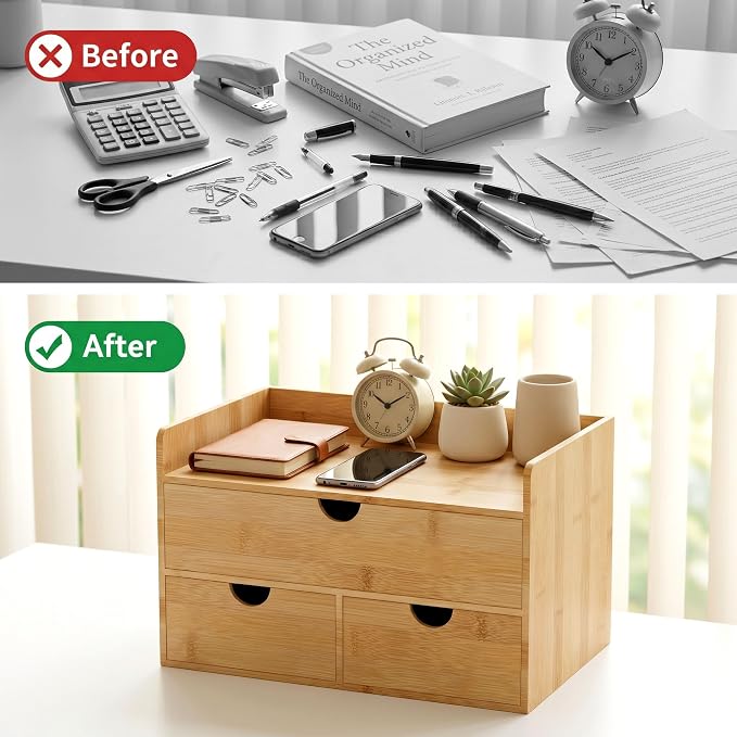 Bamboo Desk Organizer with Drawers, Desktop Storage for Office Supplies | 3 Drawers Desktop organizer, No Assembly Required, Natural Wood Wooden Desktop Drawers Box for Bills, Cosmetics, Seals, Paper