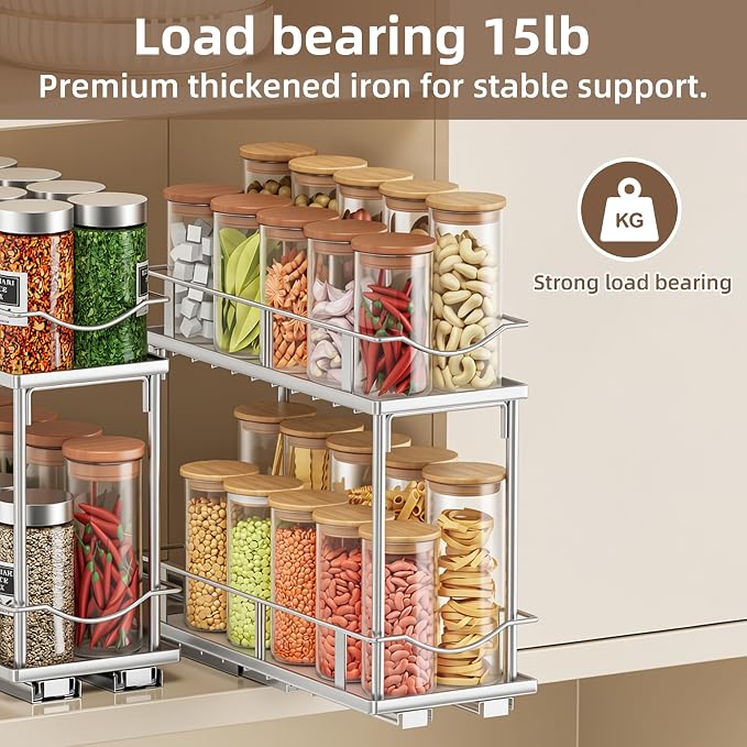 Bunoxea Pull Out Spice Rack 2 Pack,Slide Out Cabinet Spice Rack,Silver | 2-Tier Rack, Full Extension Ball Bearing Glides, 10.7"Dx4.8"Wx8.85"H, Kitchen Pantry,Narrow Cabinet Spice Storage Organizer