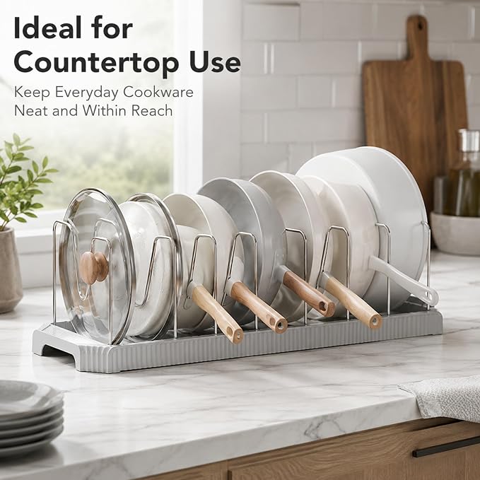 Pots and Pans Organizer Under Cabinet, Adjustable Pot and Pan Organizer Rack, 7 Stainless Steel Dividers, Pot Lid Organizer for Cabinet, Expandable Pan Organizer for Pots, Pans, Lids, Plates Gray