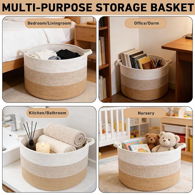 90L Large Blanket Basket,21.7"L x 21.7"W x 13.8"H Rope Woven Baskets with Handles, Toys Storage Bins,Laundry Basket Perfect for Living Room, Nursery,Bedroom,Home Organization,Yellow