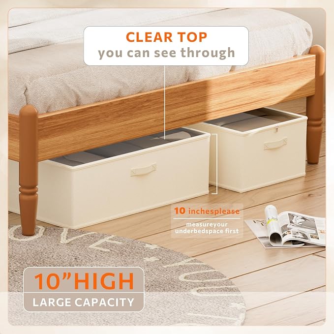 10inch 3 Pack Under Bed Storage Containers, 10 Inch Tall Underbed Clothes Storage Organizer Bin with Clear Window，Foldable Box Basket for Clothes, Closet, Bed Sheets and Blankets Beige