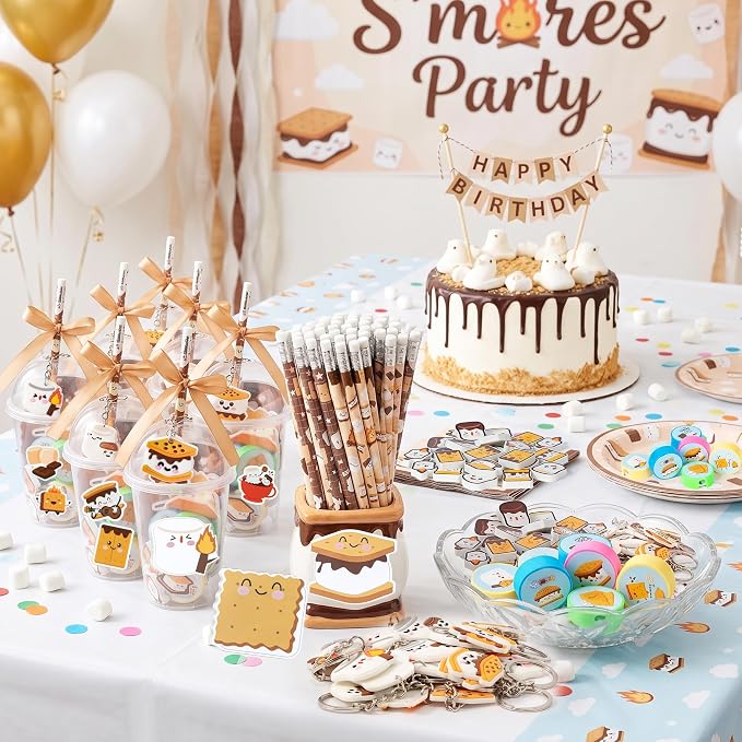 CJiangpo 196Pcs Marshmallow Party Favors Stationery Gift Classroom Prizes | Drink Cup with Lids Bulk, Pencil Sharpener Eraser Sticky Notes Pads Stickers Keychain, Camping Birthday Party Favors Rewards