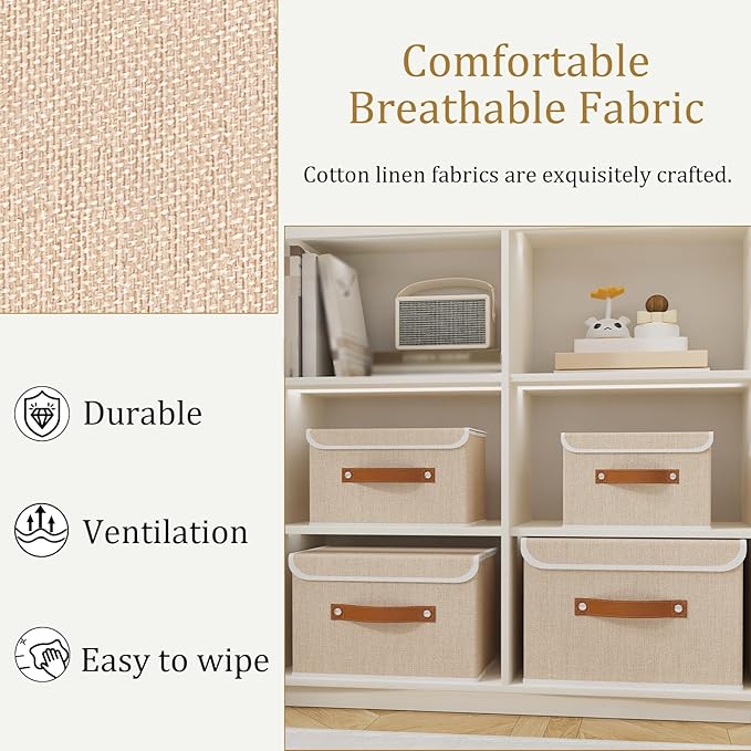 OUTBROS Fabric Storage Bins Cube Organizers with Flip-Top Lid and Handles,Storage Boxes for Organizing Home,Office,and Closet,Beige,5 Pack 10.2 x 7.9 x 6.7 in