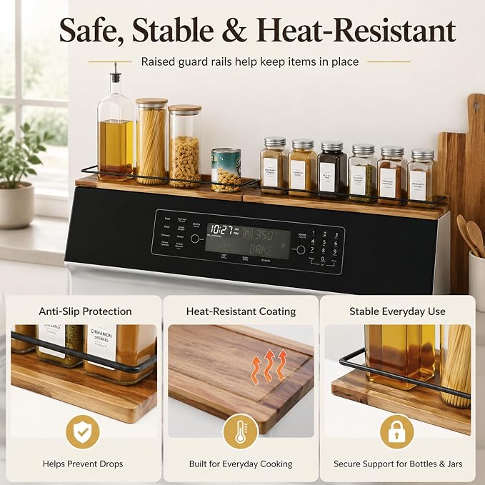 2-Piece 30" Magnetic Stove Top Shelf – Acacia Wood Spice Rack Organizer, No-Drill Over Stove Shelf for Kitchen, Strong Magnets, Heat Resistant, Easy Clean, Fits Gas/Electric Stoves