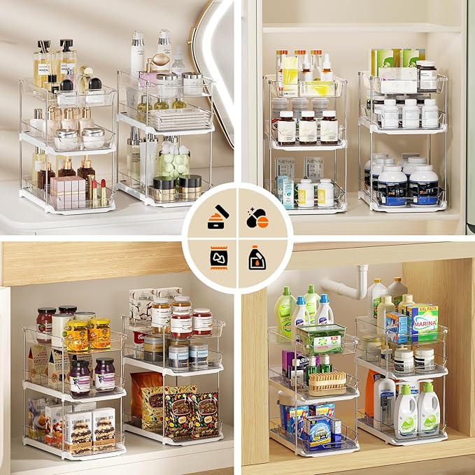 LAMU 2 Pack Bathroom Organizers and Storage, 3-Tier Stackable Under Sink Storage with Pull-Out Drawers & Dividers, Medicine Cabinet Organizer for Kitchen Pantry Organization | 2 Pack, Stackable, Pull-Out Drawers, Dividers