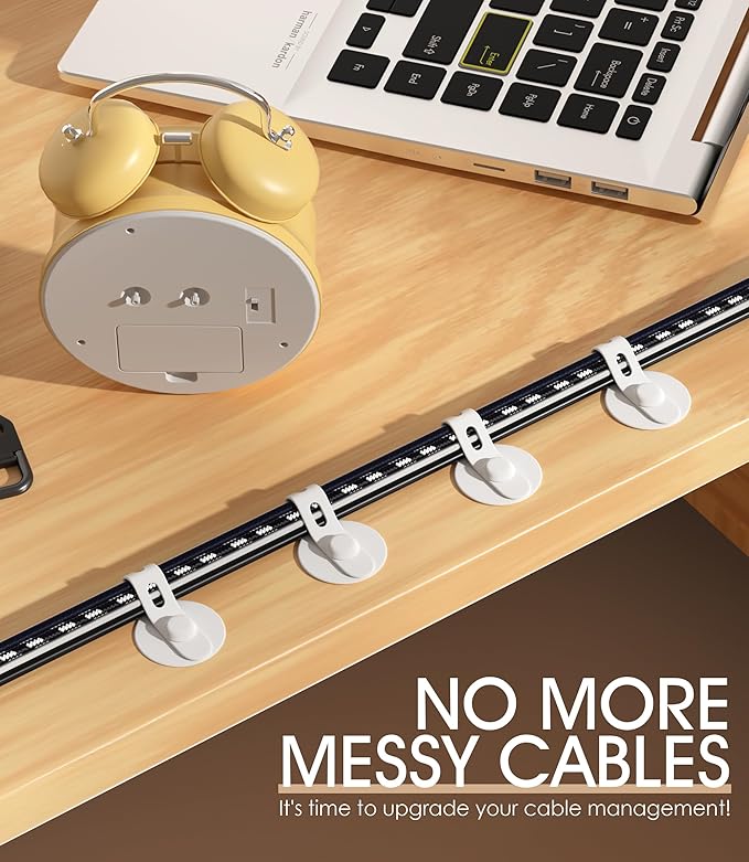 Nearockle Cable Management Under Desk, Adjustable Self-Adhesive Silicone Cable Ties Cord Organizer, Reusable Heavy-Duty Cord Holder Under Table for Office, Home, School (10Pcs-White)