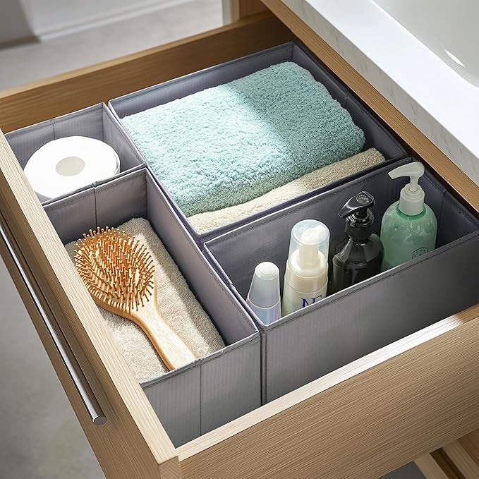TYEERS Drawer Organizers, Durable Fabric, Washable, with Base Support Boards, Small Storage Boxes for Bathroom, Closet, Dresser, Set of 6, Dark Grey