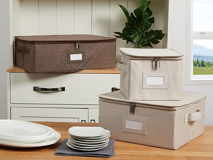 Covermates Dish Storage Box – China & Dinner Plate Storage Container with Dual Zippers, Reinforced Handles, ID Window & Stackable Structured Walls for Dishware Organization, Brown Heather