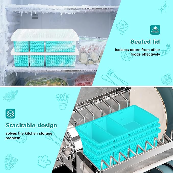 3 Pack - Silicone Freezer Trays with Lid, 1-Cup & 2 Cup Freezer Molds, Silicone Food Storage Containers for Meal Prep, Freezing Soup Sauce, Broth Leftovers