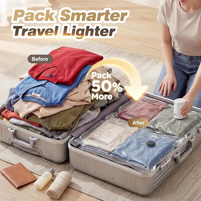 Vacuum Seal Bags for Clothing Travel with Rechargeable Electric Pump, Space Saver Vacuum Storage Bags Travel, Reusable Compression Bags for Luggage Home (14pcs Checkered)