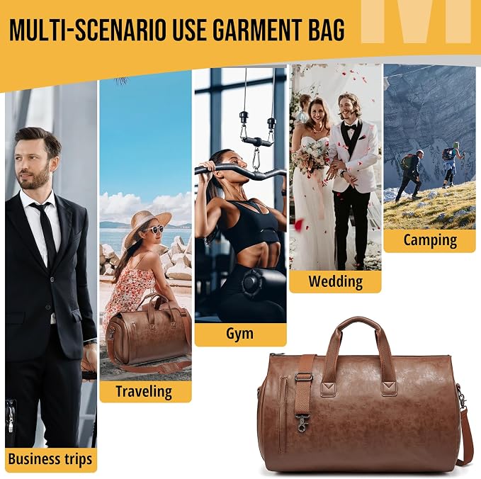 Convertible Garment Bag, Brown | 2-in-1 Hanging Suitcase, Carry on Garment Duffel, Shoulder Strap, Shoe Compartment, Men's Women's Travel