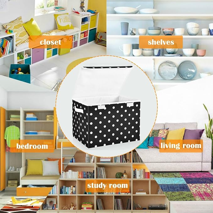 CaTaKu Polka Dot Storage Bins with Lids,White and Black Fabric Large Storage Container Cube Basket with Handle Decorative Storage Boxes for Organizing Clothes Shelves