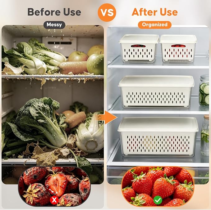 JSCARES Fruit Storage Containers for Fridge with Soft Lid - 4 Pack Food Storage Container with Removable Colander, Airtight Produce Saver Containers Keep Berry, Fruits, Vegetables, Meet Fresh Longer