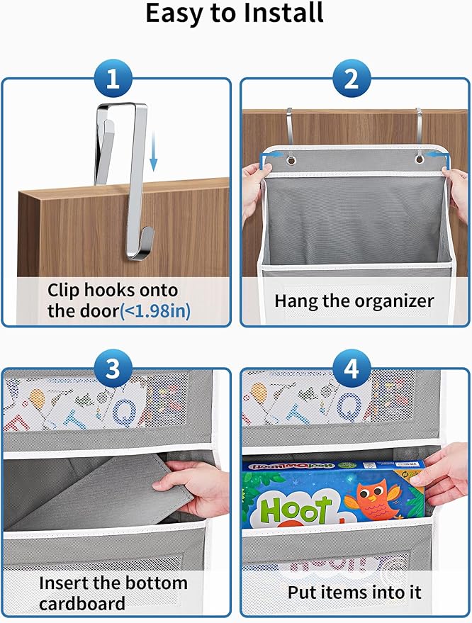 JARLINK 2 Pack Over the Door Organizer Storage, 5 Shelf Hanging Door Organizer with 5 Large Capacity Pockets, Anti Tilt 44 lb Load Behind Door Storage for Bedroom, Bathroom, Pantry, Nursery, (Grey)