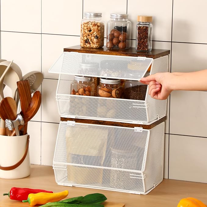 Teenyyou 2 Pcs Stackable Mesh Fruit Basket with Lid Wall Produce Vegetable Storage Basket Onion Potato Hanging Metal Wire Container for Kitchen Counter Pantry(Non-removable,White,8.3" w & 13.8" l)