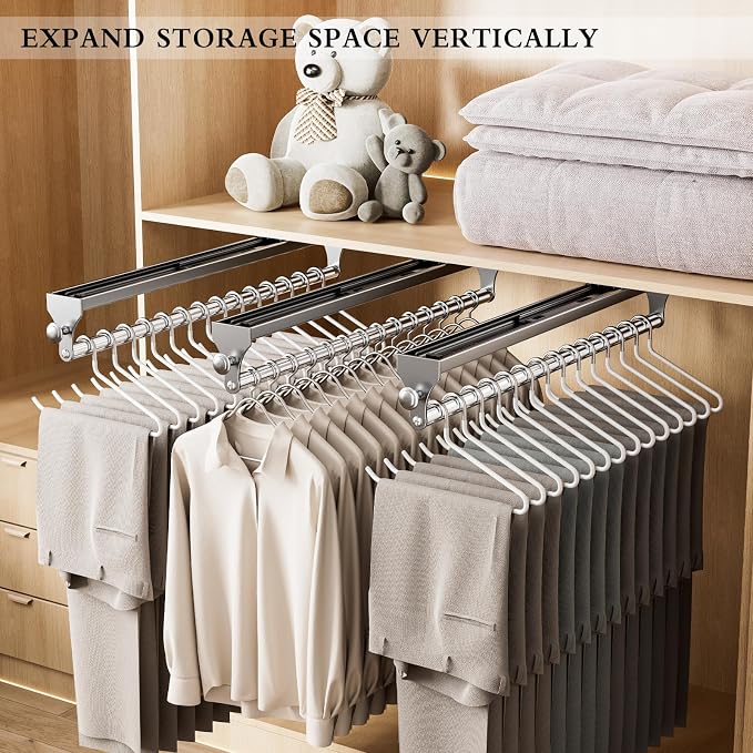 Pull Out Closet Rod, 15.7inch Heavy Duty Pants Rack, Adjustable Clothes Hanger Rail, Space Aluminum Valet Rod, Top Mounted Wardrobe Clothes Organizer, Closet Storage for Trousers Coats Gray