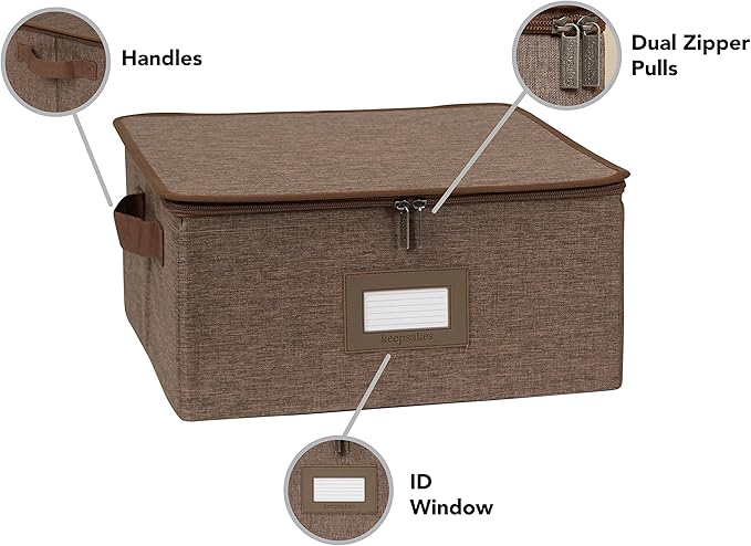 Covermates Keepsakes Zip-Top Storage Box Set, 3 Pack Heavy Duty Polyester Organizer Bins, Stackable Design, ID Window, Reinforced Handles, Closet Home Storage, Brown Heather