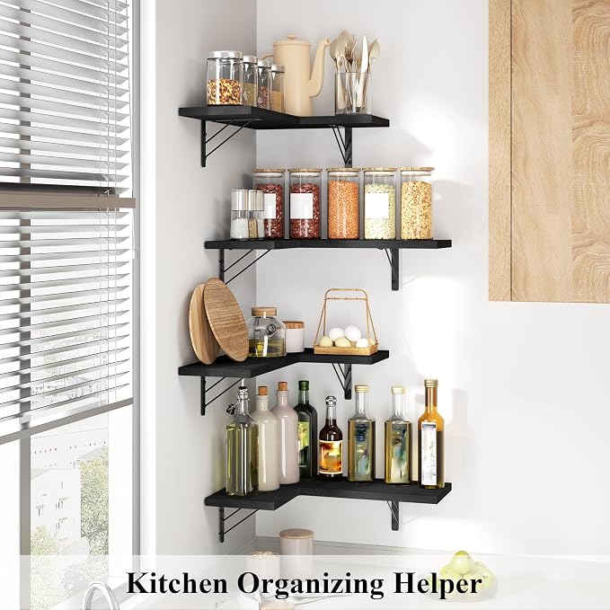 Love-KANKEI Corner Wall Shelf Set of 4，Solid Wood/Bracket,16.5"x 11",Black | Easy to Install,Floating Wall Shelves,40 Lbs/shelf,For Bedroom Living Room Bathroom Kitchen Office,Storage Display,Wall Decor