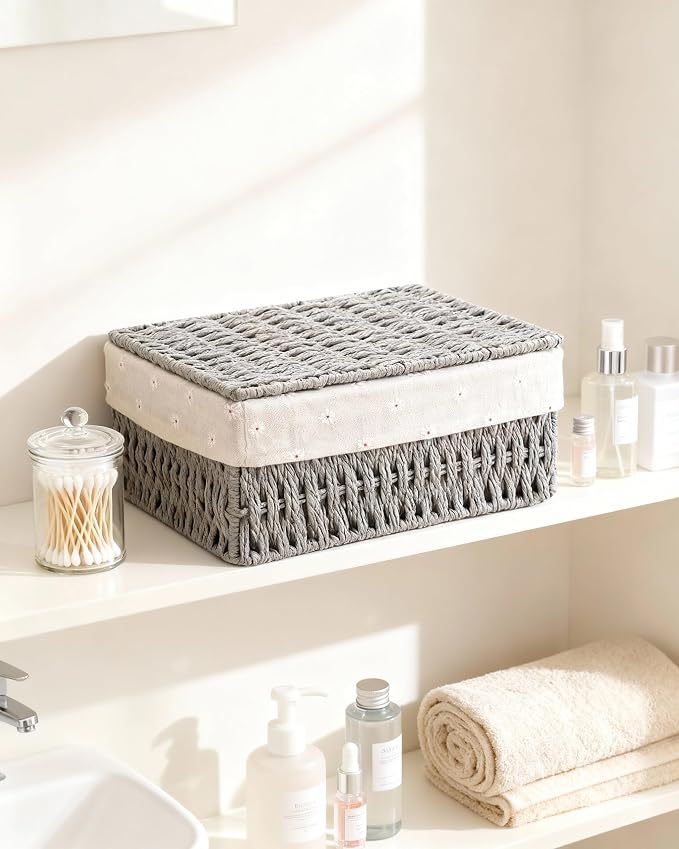 1PC Woven Storage Basket with Lid for Closet Shelf-Grey Medium | Bathroom, Closet & Shelf Storage Basket, Sewing & Towel Basket, Blanket & Toy Storage, Woven Basket with Liner