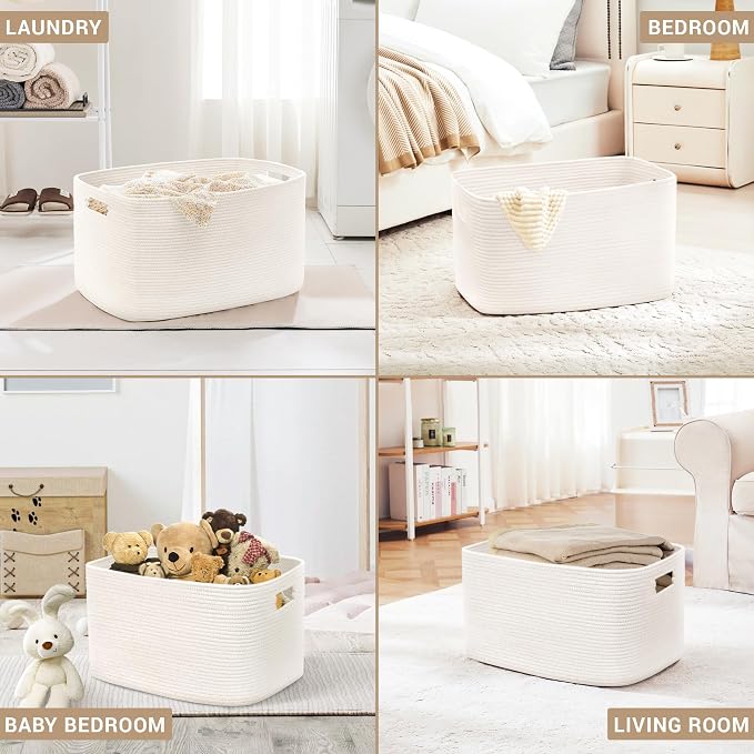 45L Small Woven Laundry Basket Hamper with Handles, White | 18"x14"x11", collapsible wicker hamper, storage for dirty clothes, toys, blankets, gifts, living room, bedroom, bathroom