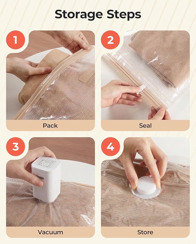 BAGSMART Vacuum Bags for Travel with Rechargeable Air Pump, Portable Space Saver Bags for Travel & Home, Vacuum Compression Seal Bag for Clothing, Blanket, 12 Pack Khaki Brown