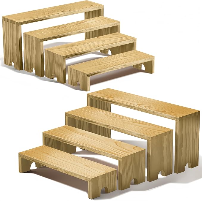 Large 2 Set wood tone Wooden Tiered Display Stands 4 Tier Stackable Pine Wood Display Risers, Suitable for Vendor Events, Cupcake Stands, cake stand Wooden Dessert Table Sets, Vendor Booth Displays,Cosmetic & Perfume Display Tools, Kitchen Spice Storag...