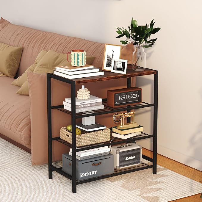 Yusong Shoe Rack Organizer, 4 Tier Industrial Shoe Storage Shelf, Narrow Sturdy Metal Shoe Shelves for Closet Entryway, Rustic Brown