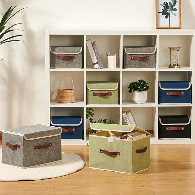 Storage Boxes with Lid Cotton Linen Fabric Storage Bins Organizer Container Decorative Collapsible Washable Shelf Baskets Faux Leather Handles for Home Bedroom Closet (Gray, Small Size)