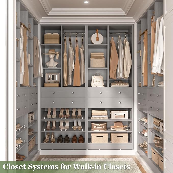 Besiost Small Closet System, 28"/2.3 FT Wood Closet Organizer System with Drawers and Shelves, Walk-in Closet Systems for Small Closets, Free Standing Reach in Closets Tower, Morandi Grey