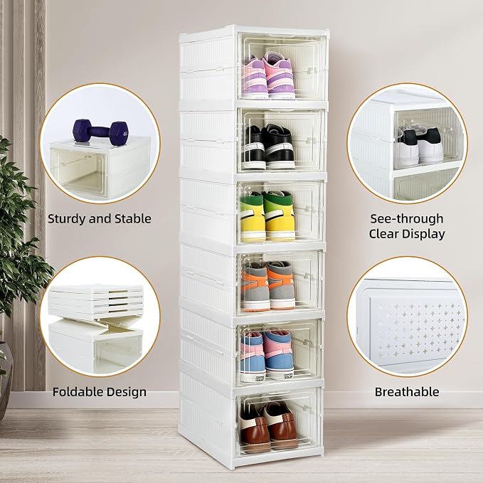 6 Tier Collapsible shoe rack, Drop front shoe box, White | No Assembly, Stackable, Clear Door, Plastic with Lids, Drop Front , Foldable Shoe Storage Box, shoe bin for entryway,