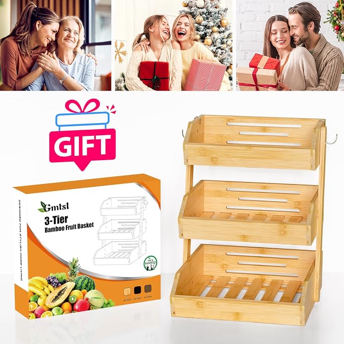 Gmtsl Bamboo Fruit Basket for Kitchen, Fruit Holder for Kitchen Countertop | 3 Tier Fruit bowl for Kitchen Counter, Fruit Stand, Vegetable Basket Storage, Produce Organizer, Bread Snack Display(Bamboo)