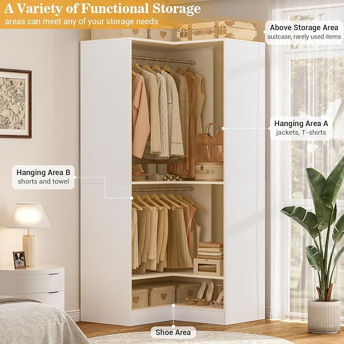 Homieasy Corner Closet System Modular with Upper & Lower Hanging Areas and Shoe Shelf, Corner Wardrobe Organizer, Easy Assembly, Anti-Tip Design, Perfect for Bedroom or Walk-In Closet, White