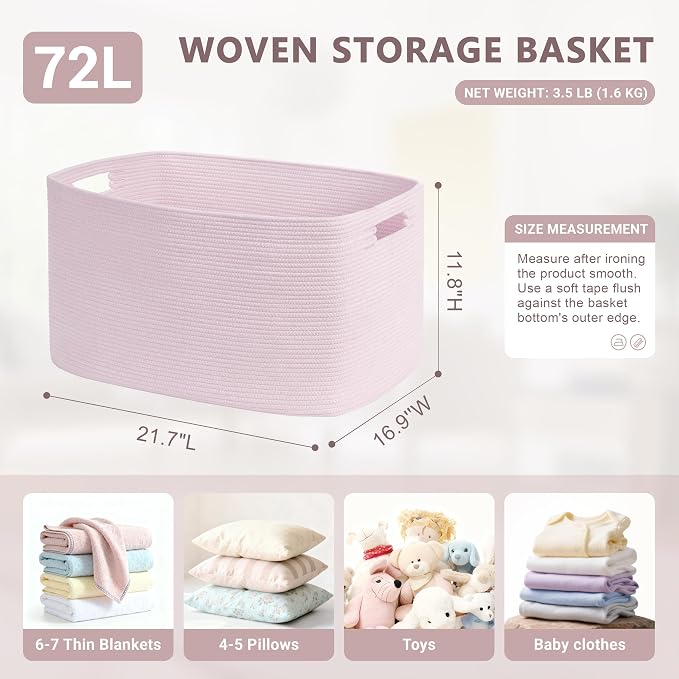 72L Large Woven Laundry Basket Hamper with Handles, Pink | 22"x17"x12", collapsible wicker hamper, storage for dirty clothes, toys, blankets, gifts, living room, bedroom, bathroom