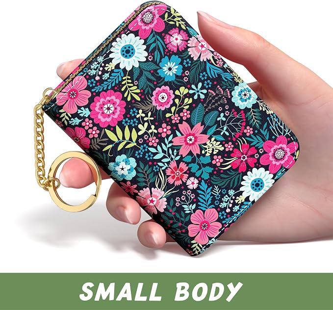Aiawoxc Credit Card Holder, Small RFID Wallet Slim Leather Card Organizer Case with Zipper and Keychain, Elegant Flowers