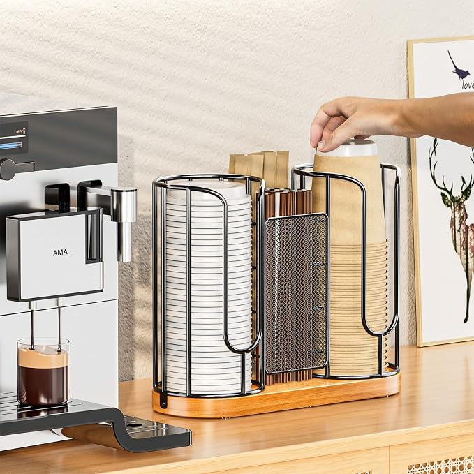 Coffee Cup and Lids Holder - Disposable Cups Straws Organizer with Wooden Base - Paper Plastic Cup Holder Dispenser Storage for Countertop Coffee Station Bar Restaurant Office Breakroom Shop Kitchen