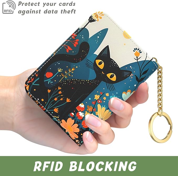 Aiawoxc Credit Card Holder, Small RFID Wallet Slim Leather Card Organizer Case with Zipper and Keychain, Pretty Cat