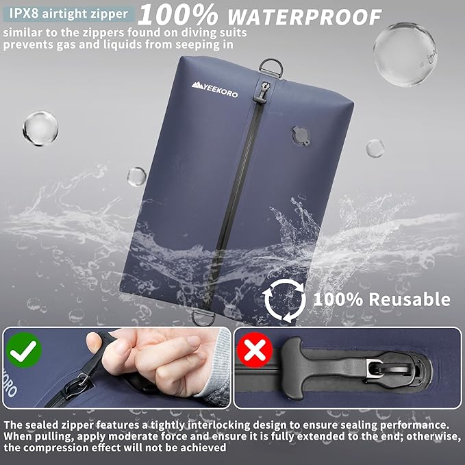 Vacuum Bag for Travel, Professional IPX8 Waterproof Reusable Vacuum Compression Bags for Travel Suitcases, Durable Space Saver Bag(2 PACK Navy Blue,With Pump)