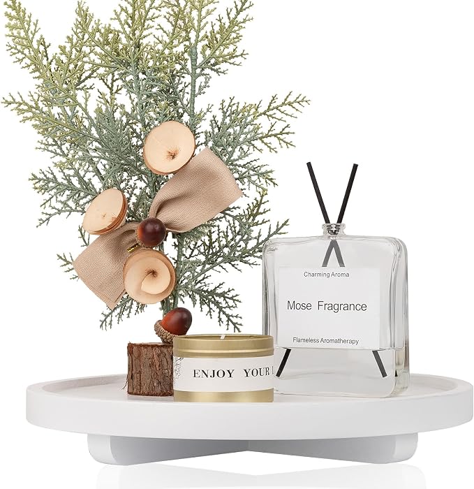 Round Decorative Tray Farmhouse Kitchen Decor Soap Dish, 11" White | Waterproof, Lightweight, Easy Clean, Wood Riser Pedestal Stand Accessories for Office Desk, Vanity, Counter, Sink