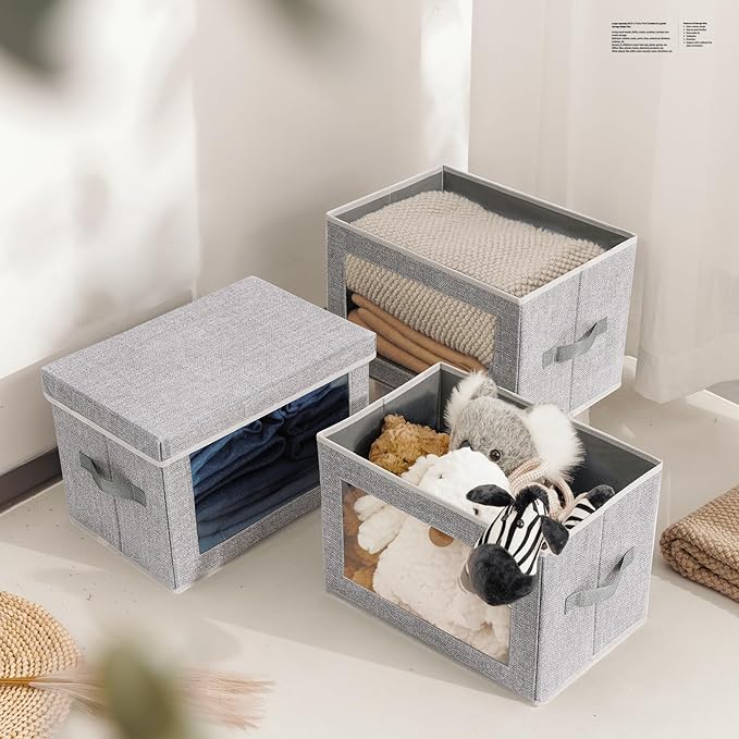 Homsorout Fabric Storage Bins with Lids - 3 Packs Storage Cubes with Window, Foldable Storage Baskets Bins for shelves, Closet Storage Boxes for Towels, Clothes, Home, Office, Blended