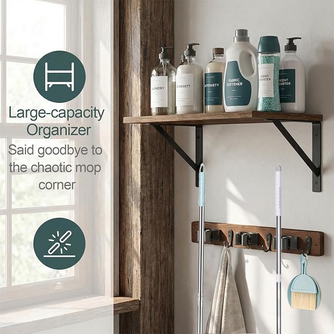 Broom and Mop Organizer Wall Hanging with Cleaning Supplies Organizer Shelf Rustic Farmhouse Wood Broom Mop Holder Storage Rack for Laundry Room Garage (1, Brown)