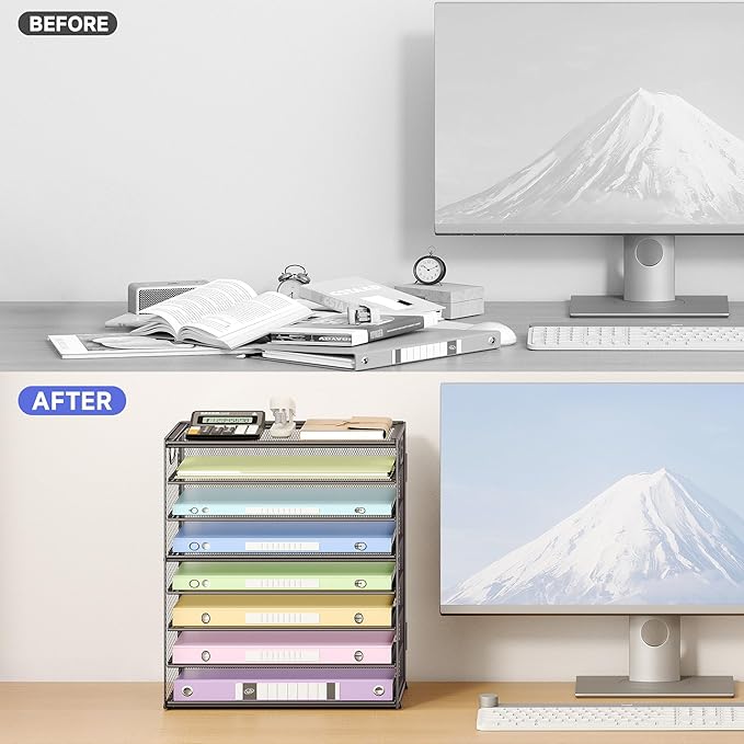 8 Tier Paper Organizer with Handle, Metal Mesh Desk File Organizer, Large Capacity Desk Organizers Paper Letter Tray Desktop Document Sorter for Office, Home or School-Grey