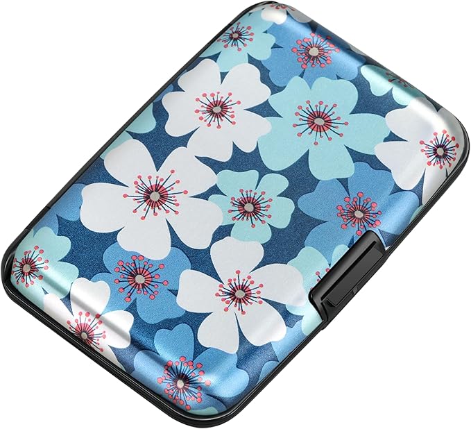 ELFISH Mini RFID Aluminum Wallet Credit Cards Holder Business Card Case Metal ID Case for Men Women(Cherry Blossoms)