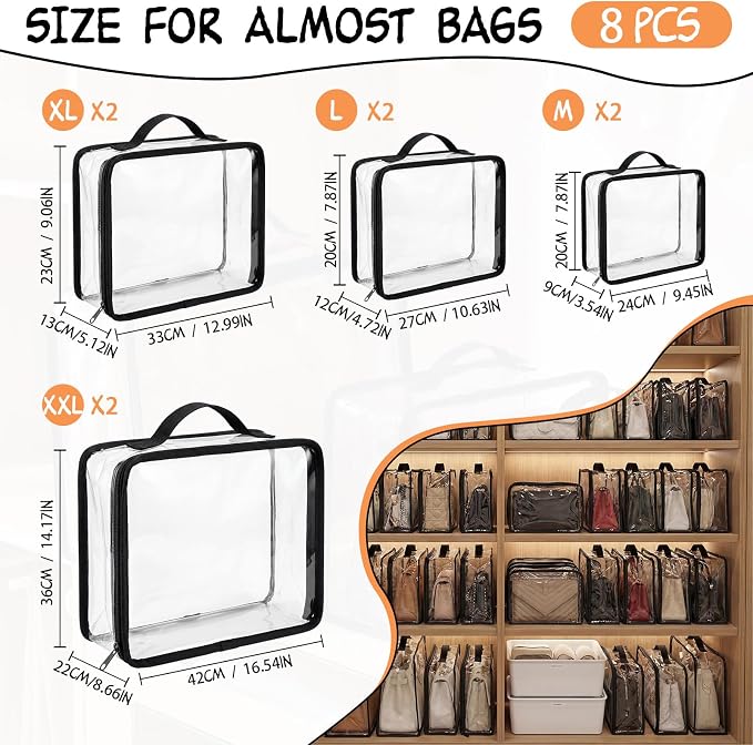 Hsei 8 Pcs Clear Dust Bags For Handbags 4 Sizes Fits Mini Wallet Oversized Tote Bags PVC Waterproof Purse Storage Organizer for Luxury Bag Soft Stand-Up with Zipper Handle for Closet Hanging (Clear)