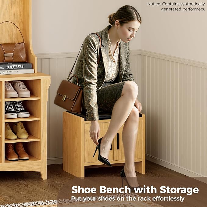 IRONCK 80" H 47" W Large Hall Tree with Bench and Shoe Storage, 6-in-1 Entryway Bench with Coat Rack, Adjustable Shelf, Hanging Hooks, 11 Shoe Cubbies, 2-Tier Top Storage for Entryway and Bedroom, Oak