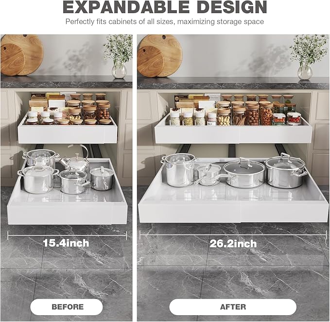 Seinloes 4 Pack Pull Out Cabinet Organizer 21" Deep,Full Extension 3 Slide Rails Slide Out Drawers With Raising Pad for Framed Cabinets,Expandable Width (15.4"-26.2"),No Drill Roll Out Shelves,White