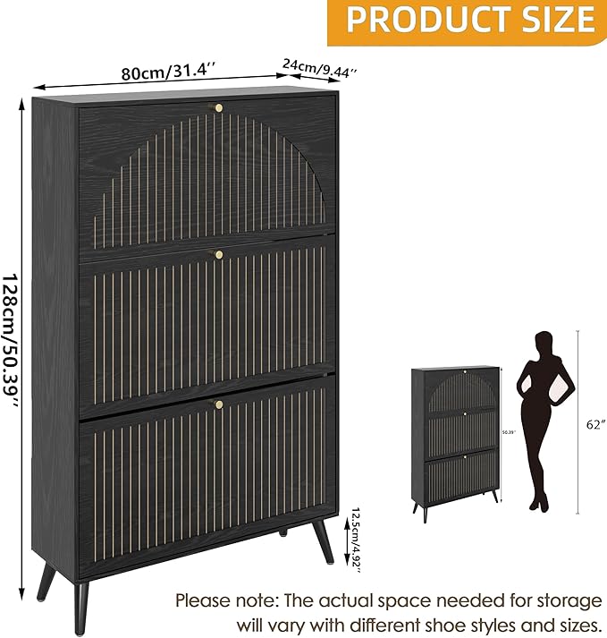 Fsbecl Shoe Storage Cabinet for Entryway with 3 Flip Drawers, Narrow Shoe Organizer with Fluted Panel, Freestanding Wood Hidden Shoe Cabinet for Hallway(Black, 31.4''W, Double Layer)