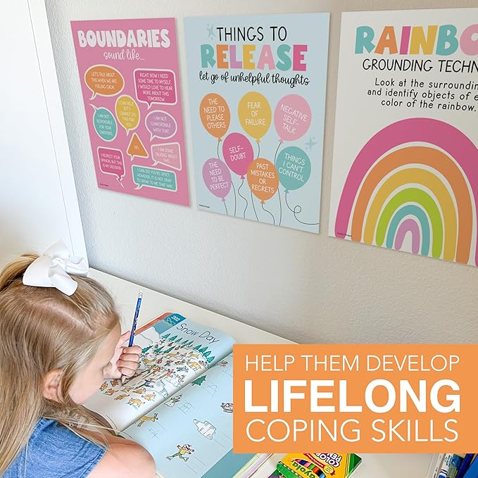 Hadley Designs 9 Mental Health Posters for Classroom - School Counselor Office Must Haves, Mental Health Therapy Office Decor, Growth Mindset Posters, Wheel of Feelings Chart, Pastel Classroom Decor