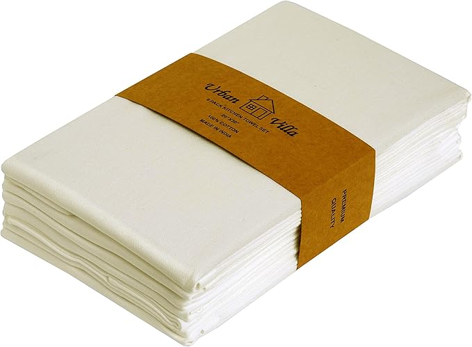 Urban Villa Kitchen Towels 100% Cotton Dish Towels for Kitchen(Set of 6) 20”x30” Dish Cloths Highly Absorbent Kitchen Linen Set with Hanging Loop Perfect for Drying – Ivory.